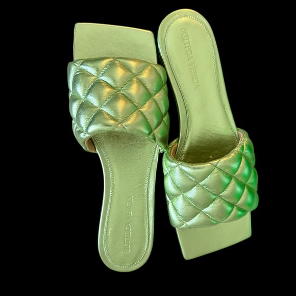 BOTTEGA VENETA Quilted Leather Padded Flat Slide Sandals - Reflection Pistachio - Picture 1 of 13